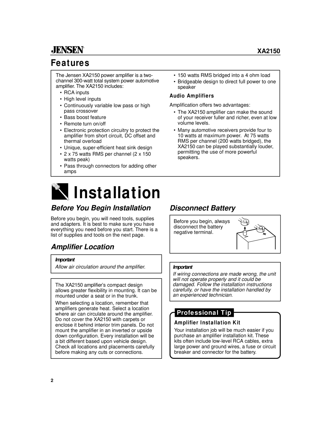 Jensen XA2150 owner manual Before You Begin Installation, Amplifier Location Disconnect Battery, Audio Amplifiers 