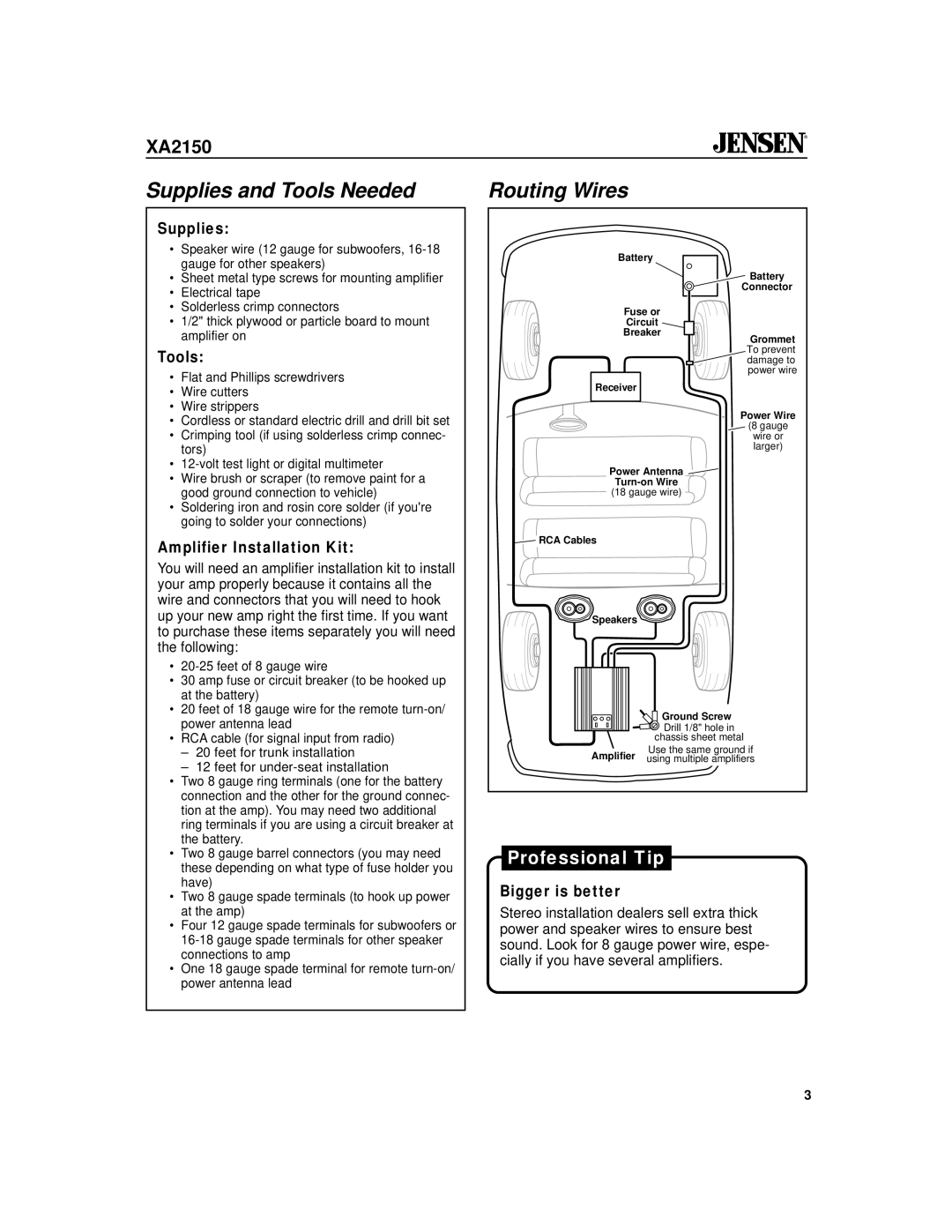 Jensen XA2150 owner manual Supplies and Tools Needed, Routing Wires, Bigger is better 