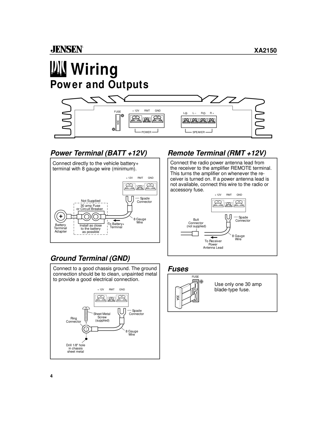 Jensen XA2150 owner manual Wiring, Power Terminal Batt +12V, Remote Terminal RMT +12V, Ground Terminal GND, Fuses 