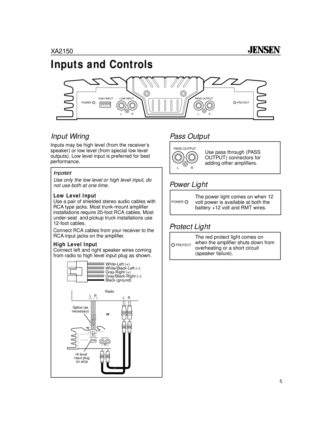 Jensen XA2150 owner manual Input Wiring, Pass Output, Power Light, Protect Light 