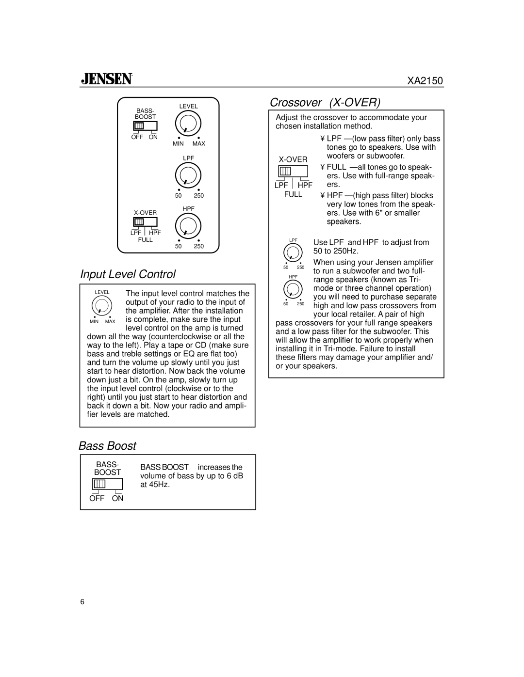 Jensen XA2150 owner manual Crossover X-OVER, Input Level Control, Bass Boost 