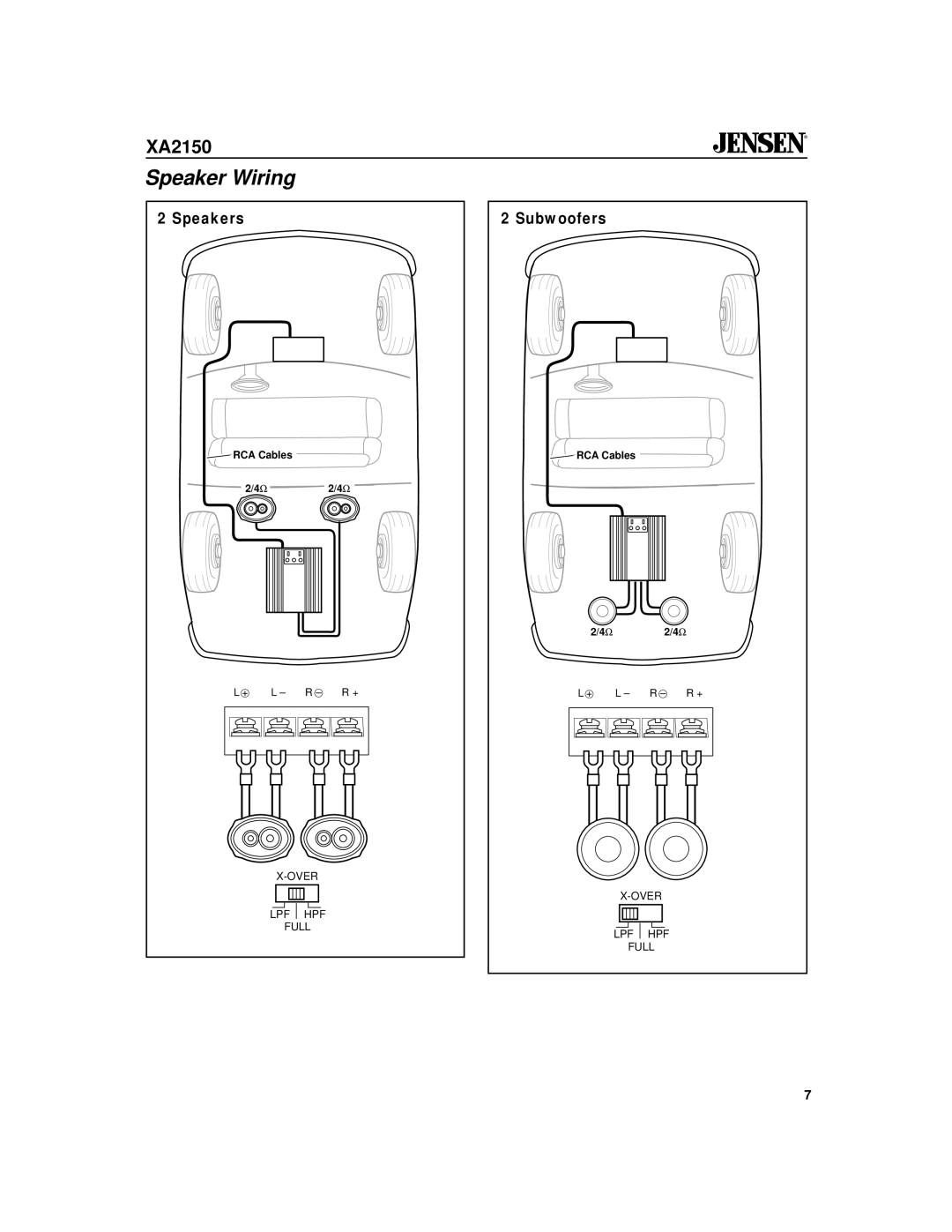 Jensen XA2150 owner manual Speaker Wiring, Speakers Subwoofers 