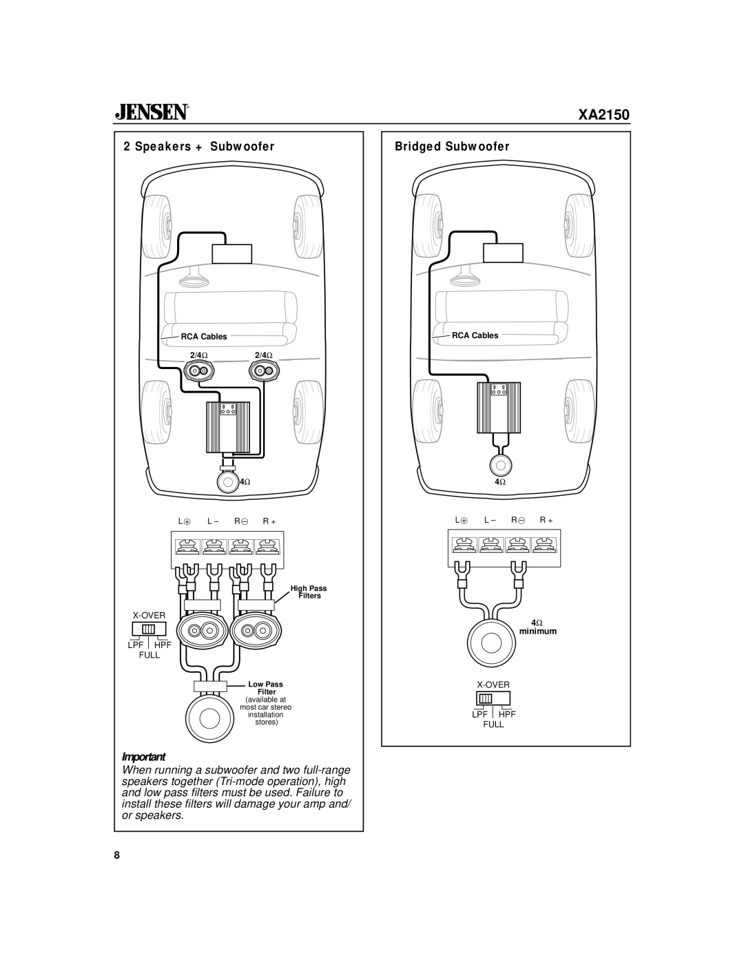 Jensen XA2150 owner manual Speakers + Subwoofer, Bridged Subwoofer 