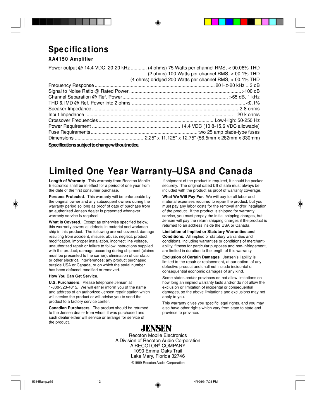 Jensen owner manual Specifications, XA4150 Amplifier 