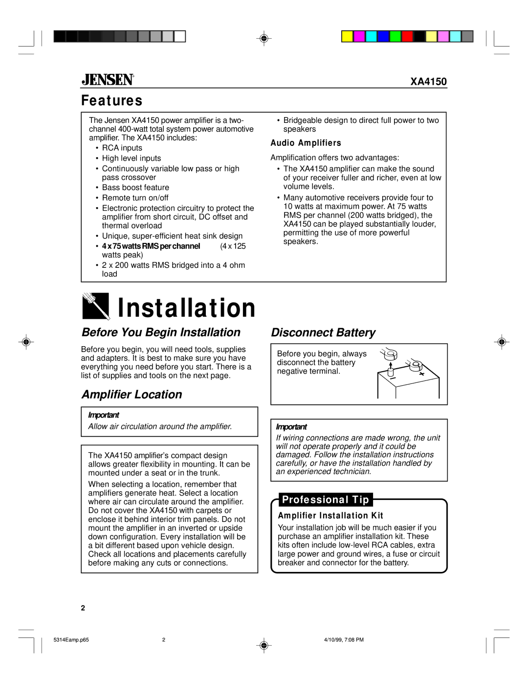 Jensen XA4150 owner manual Before You Begin Installation, Amplifier Location Disconnect Battery, Audio Amplifiers 