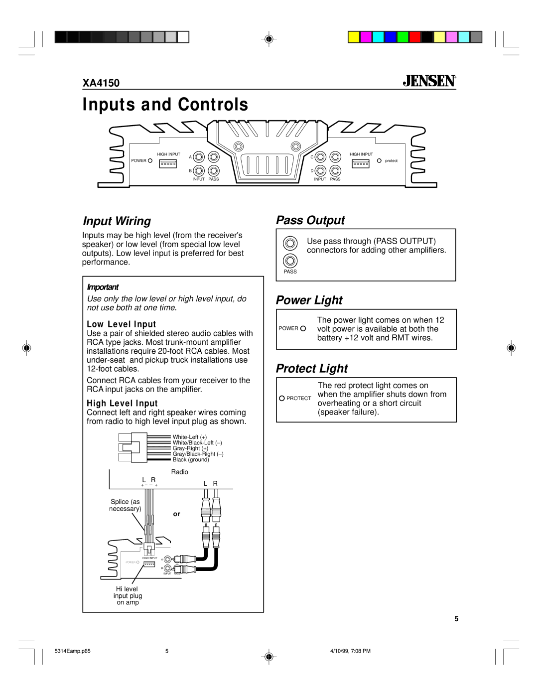 Jensen XA4150 owner manual Input Wiring, Power Light, Protect Light, Low Level Input, High Level Input 