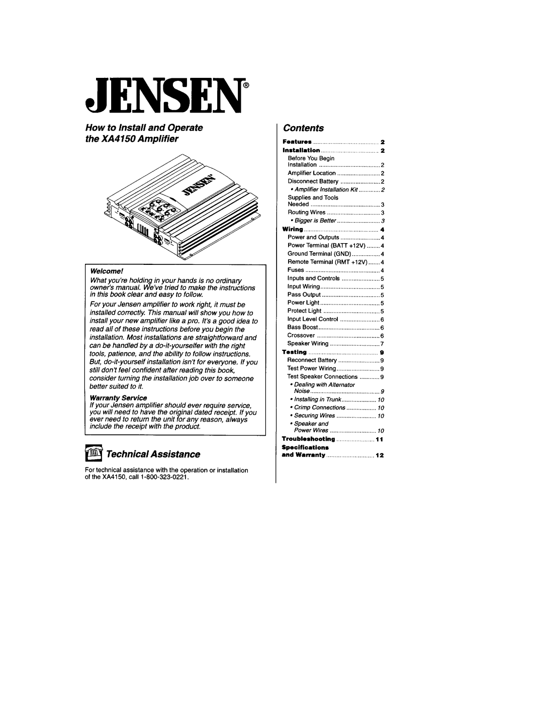 Jensen owner manual How to Install and Operate the XA4150 Amplifier, Technical Assistance, Contents 