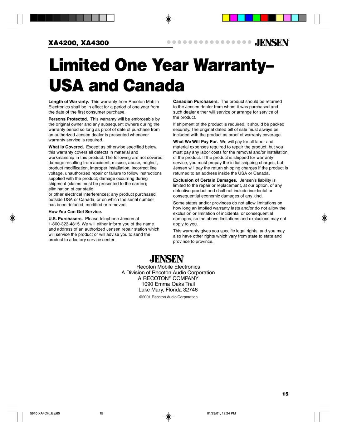 Jensen XA4300, XA4200 warranty Limited One Year Warranty- USA and Canada 