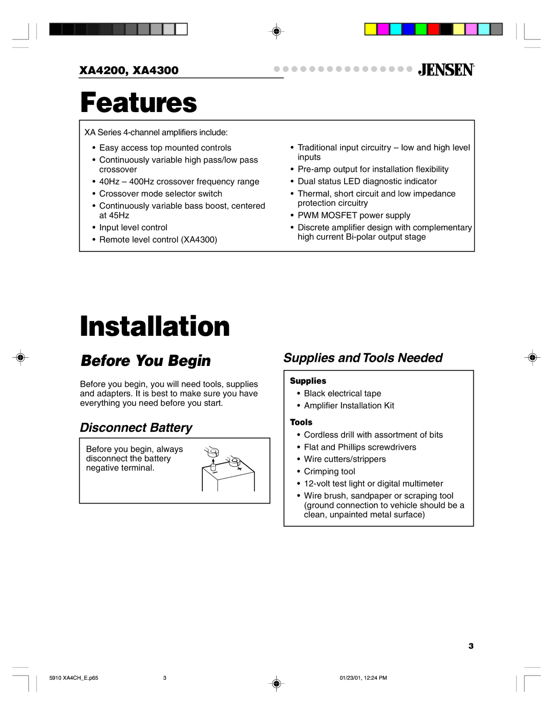 Jensen XA4300, XA4200 warranty Features, Installation, Disconnect Battery, Supplies and Tools Needed 