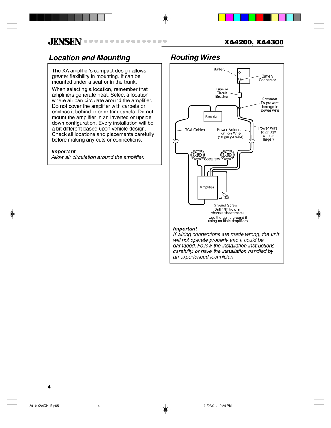 Jensen XA4200, XA4300 warranty Location and Mounting, Routing Wires 