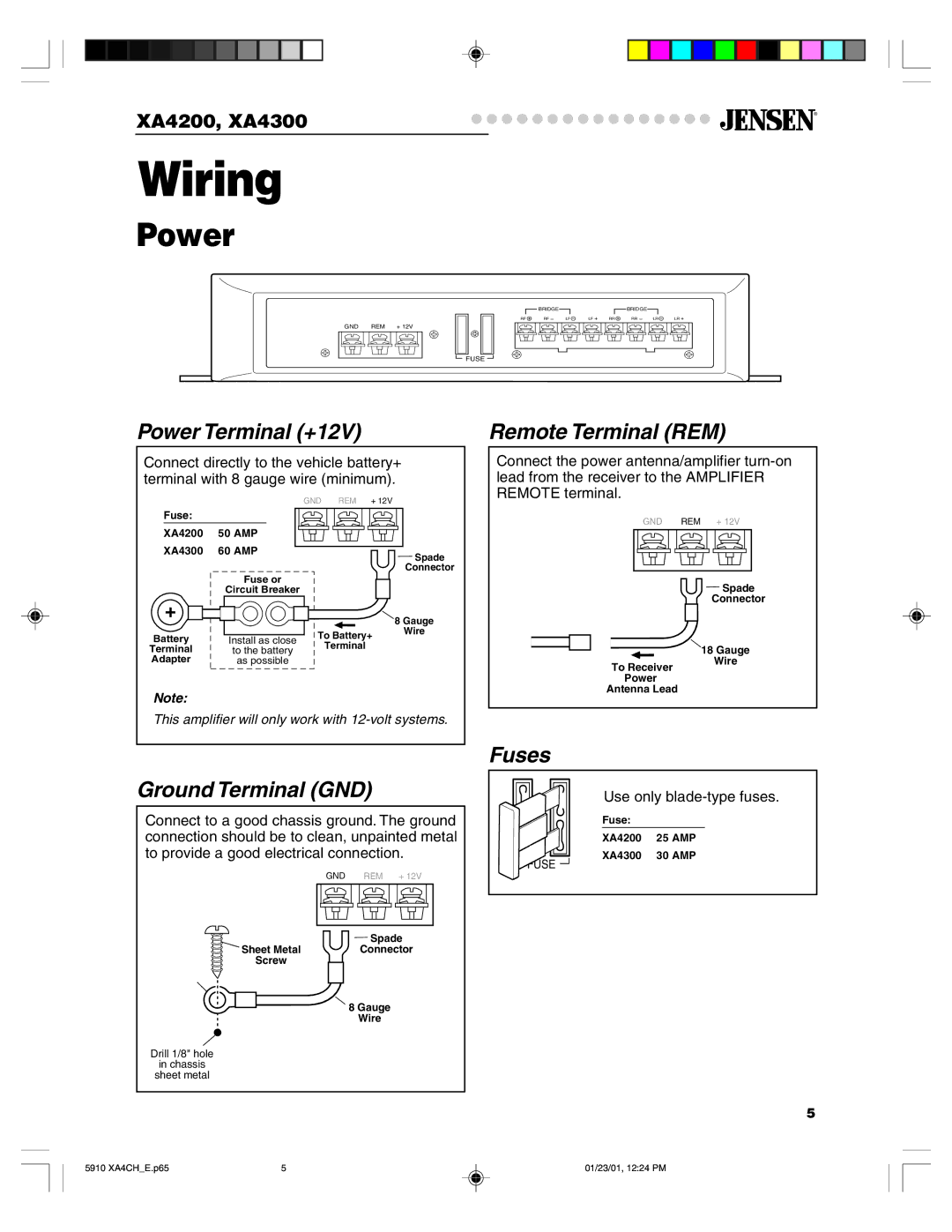 Jensen XA4300, XA4200 warranty Wiring, Power 