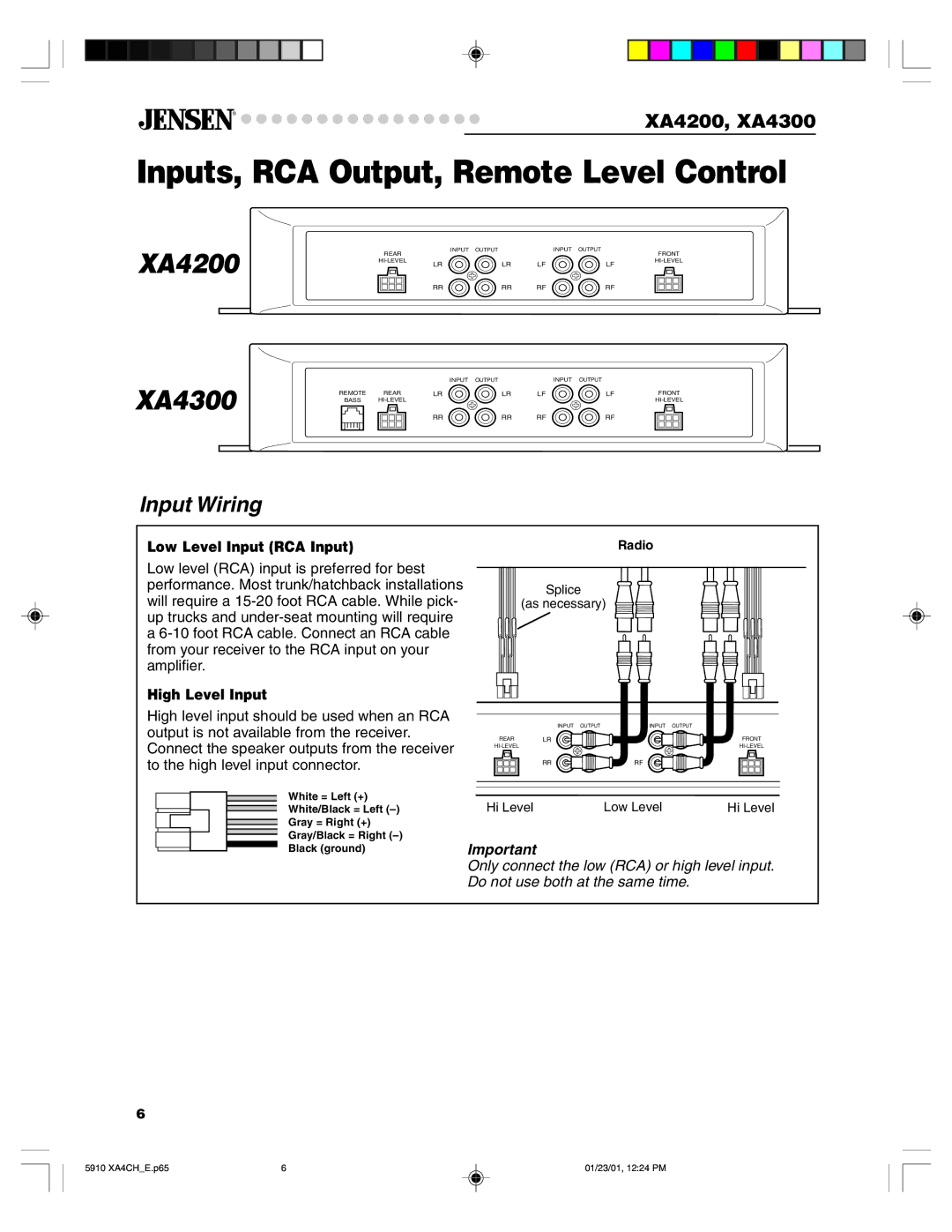 Jensen XA4200, XA4300 Inputs, RCA Output, Remote Level Control, Input Wiring, Low Level Input RCA Input, High Level Input 