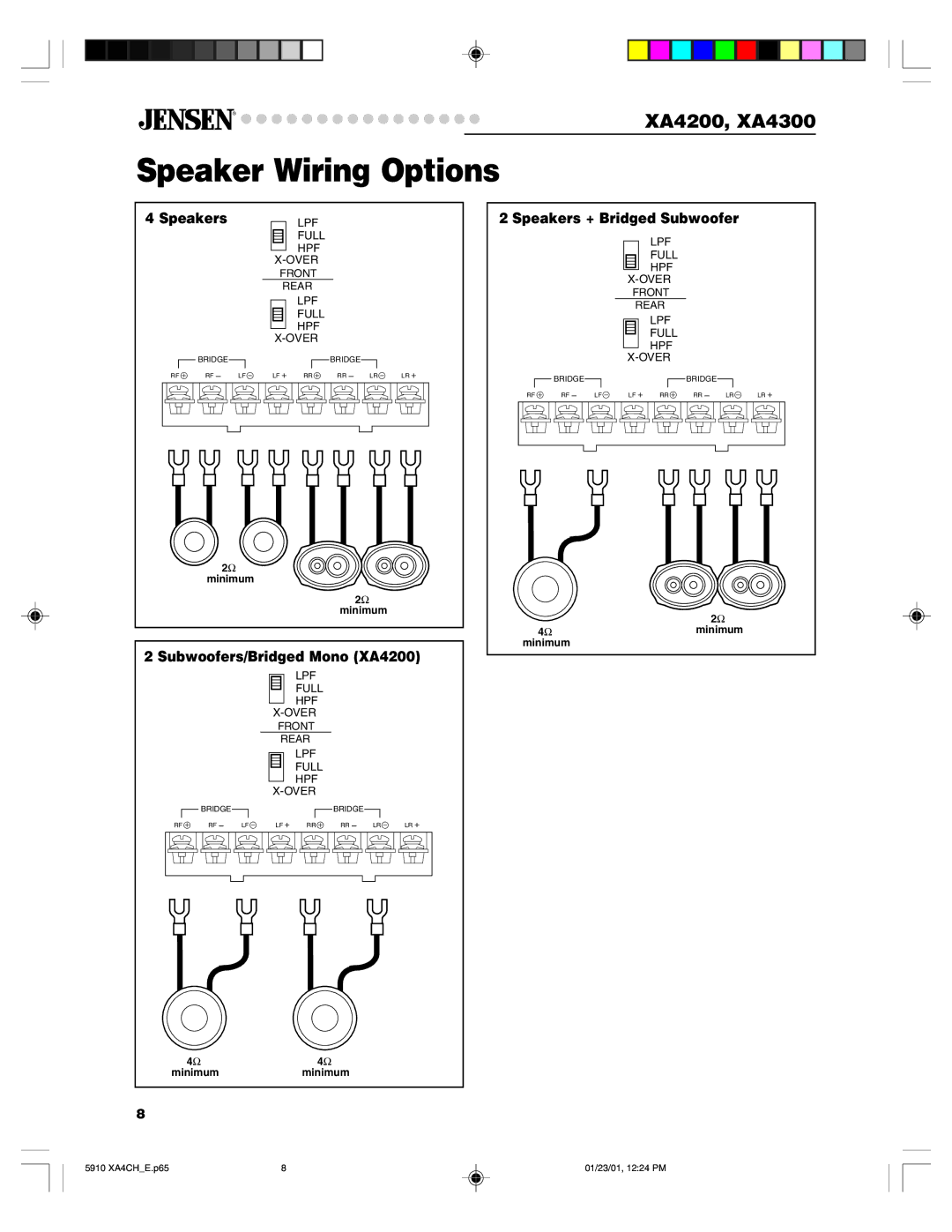 Jensen XA4300 warranty Speaker Wiring Options, Subwoofers/Bridged Mono XA4200, Speakers + Bridged Subwoofer 