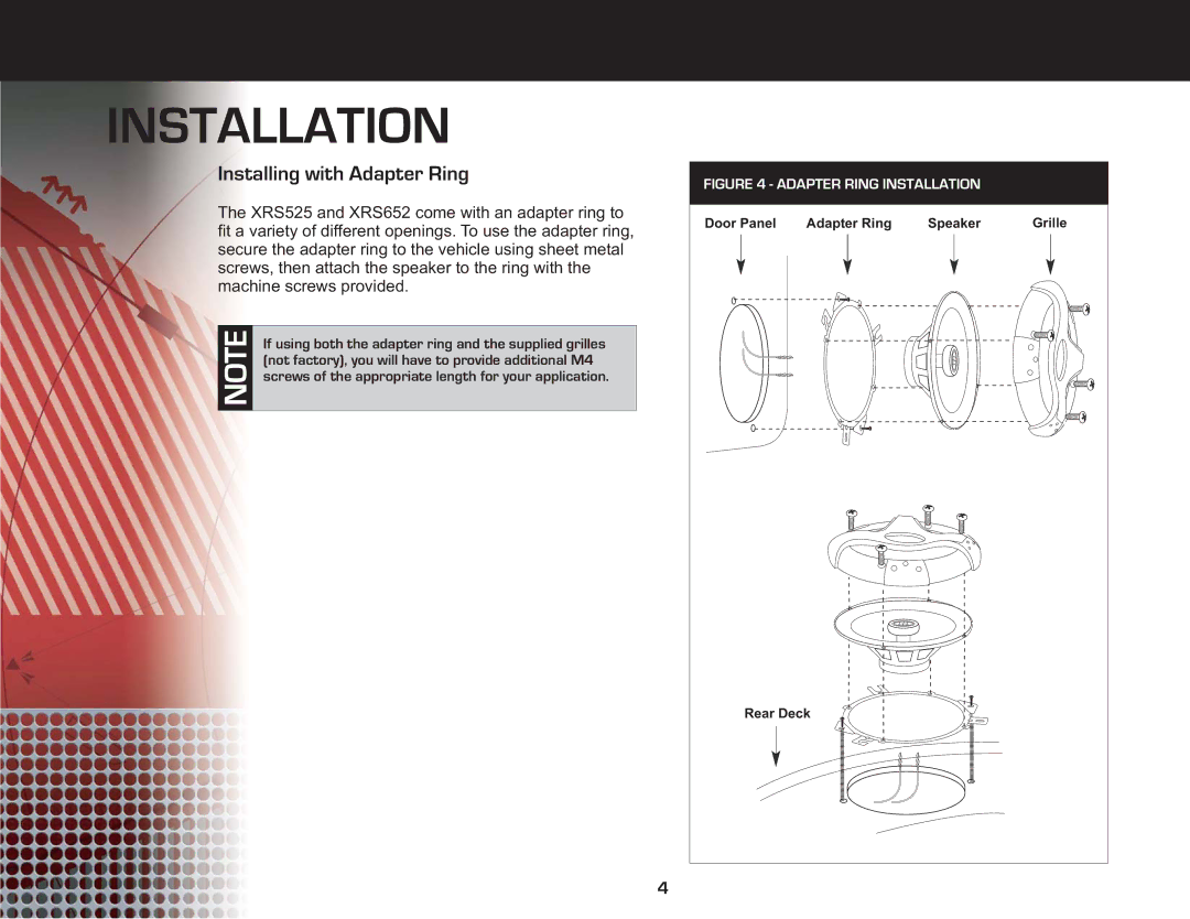 Jensen XRS Series manual Installing with Adapter Ring, Not factory, you will have to provide additional M4 