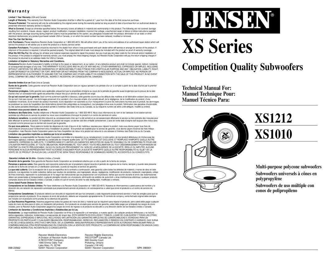 Jensen XS1010, XS1212 technical manual XS Series 