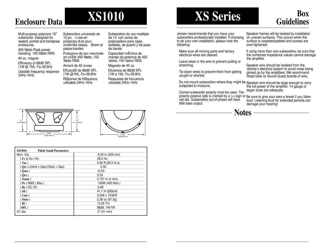 Jensen XS1212 technical manual XS1010, XS Series, Box, 40 oz. magnet, Magneto de 40 oz 