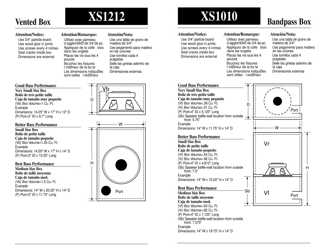 Jensen XS1010 Vb Box Volume=1 Cu. Ft, Dimensions 14.25 W x 17 H x 12 D Port=3 ID x 9.7 Long, Vb Box Volume=1.5 Cu. Ft 