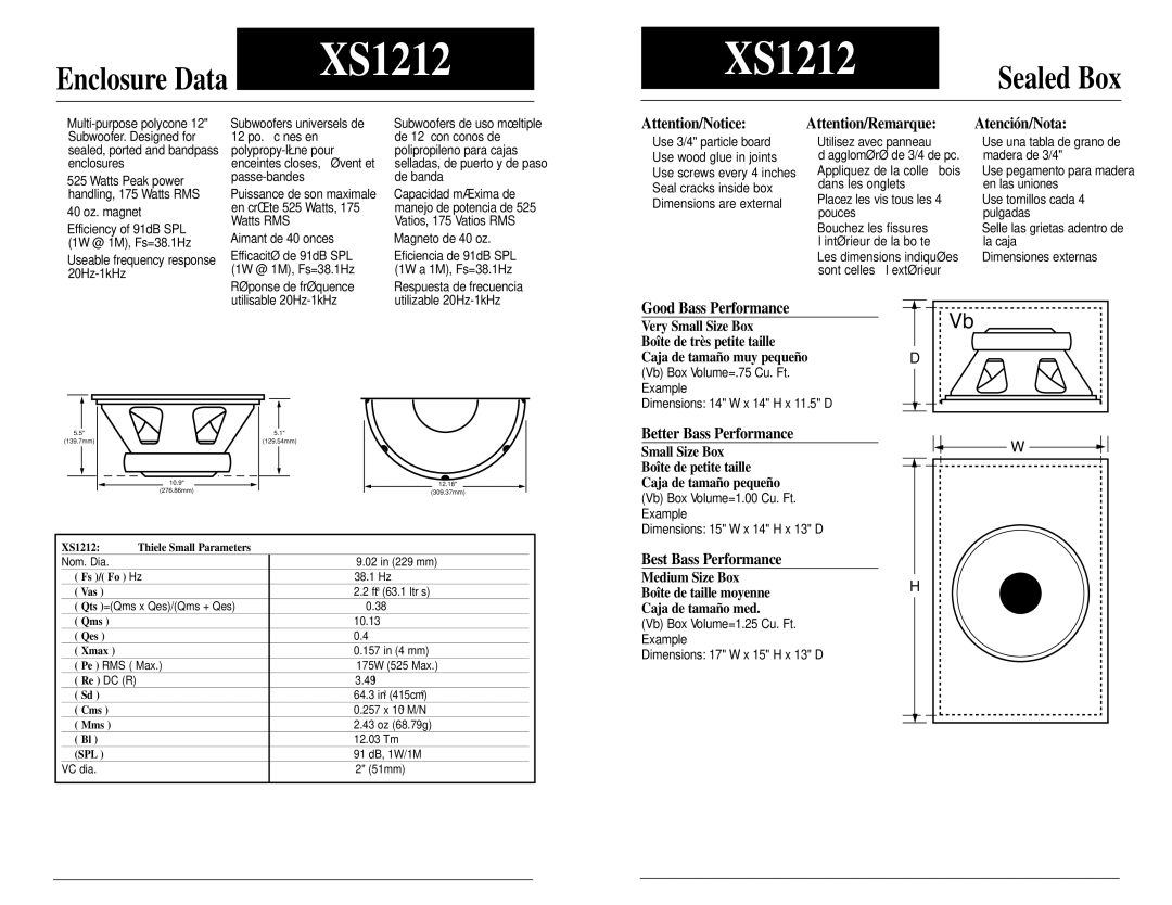 Jensen XS1212 Useable frequency response 20Hz-1kHz, 12 po. à cônes en, Polypropy-lène pour, Passe-bandes, Watts RMS 