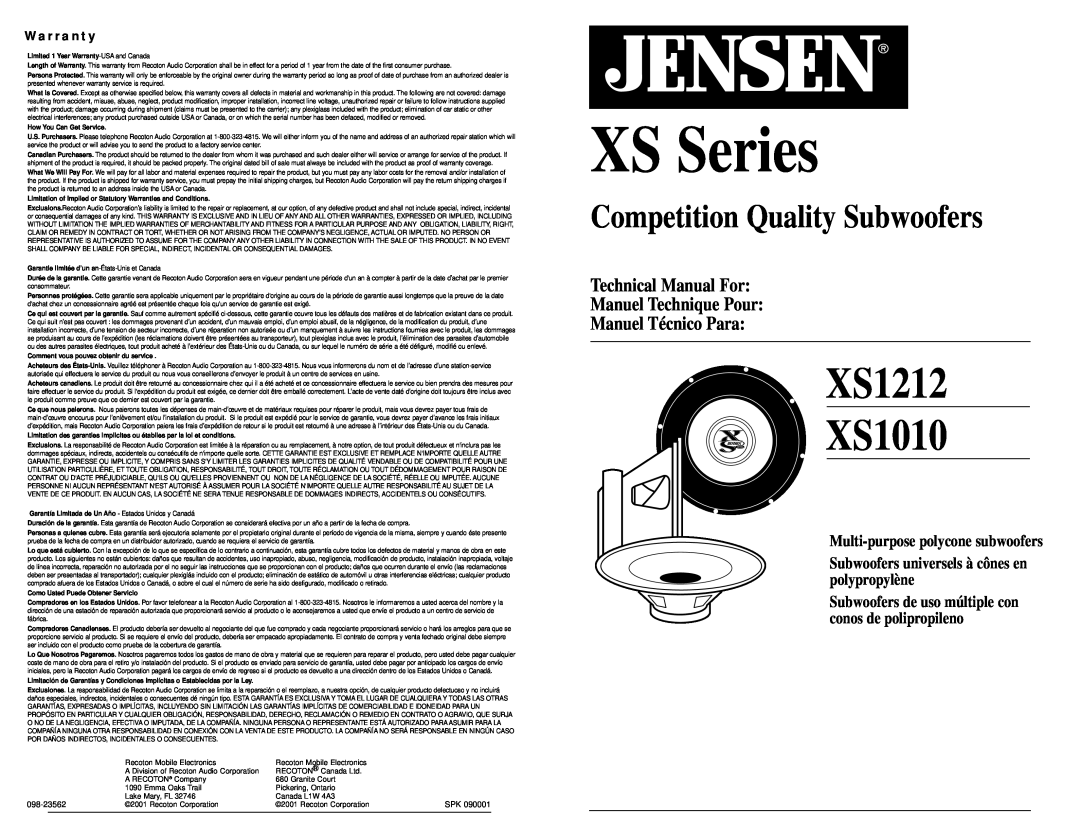 Jensen technical manual Technical Manual For Manuel Technique Pour, Manuel Técnico Para, XS Series, XS1212 XS1010 