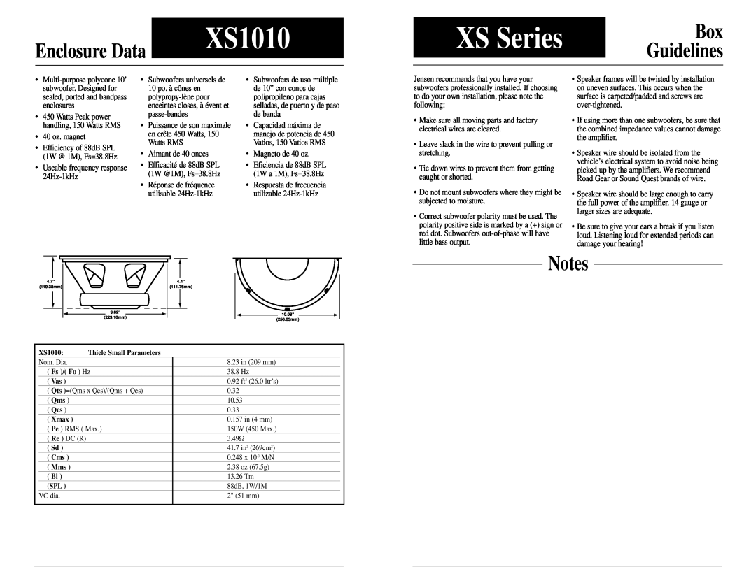 Jensen XS1212 technical manual XS1010, XS Series, Guidelines, Enclosure Data 