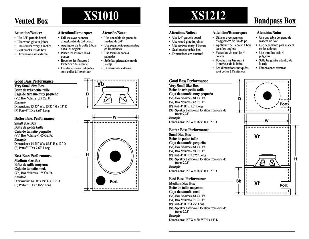 Jensen XS1212 technical manual Vented Box, Bandpass Box, XS1010 