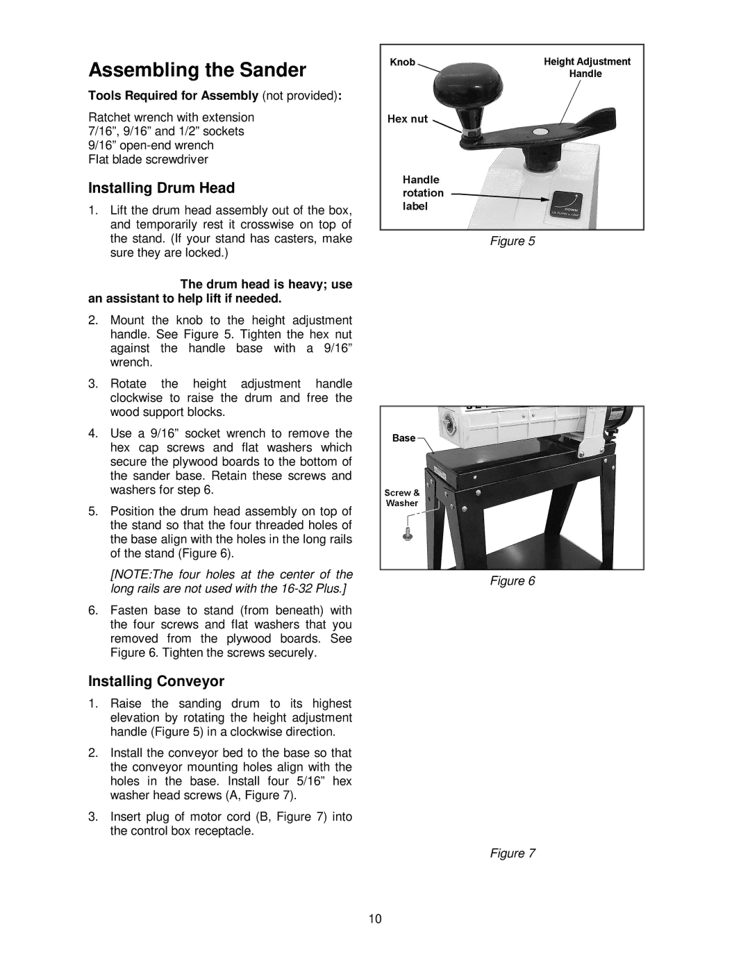 Jet Tools 16-32 Plus operating instructions Assembling the Sander, Installing Drum Head, Installing Conveyor 