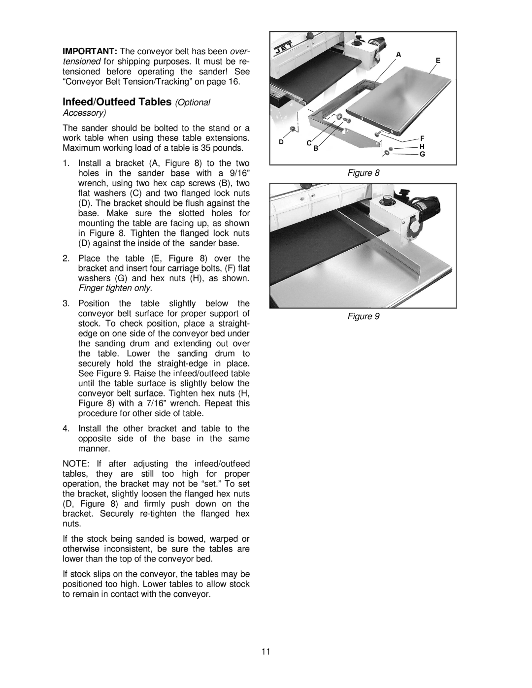 Jet Tools 16-32 Plus operating instructions Infeed/Outfeed Tables Optional, Accessory 