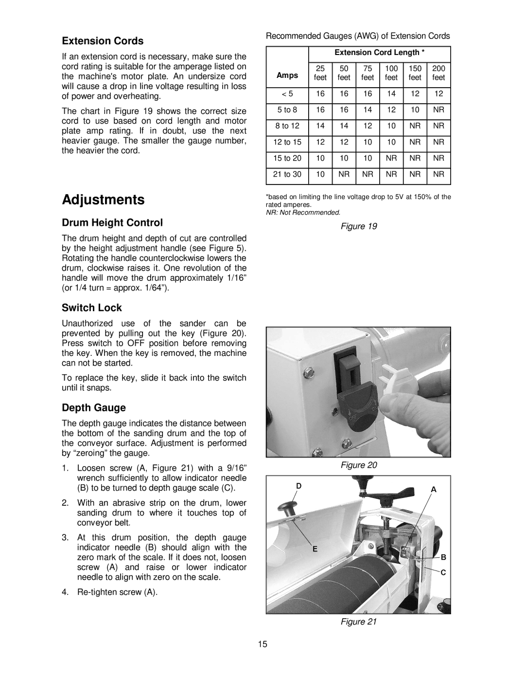 Jet Tools 16-32 Plus operating instructions Adjustments, Extension Cords, Drum Height Control, Switch Lock, Depth Gauge 