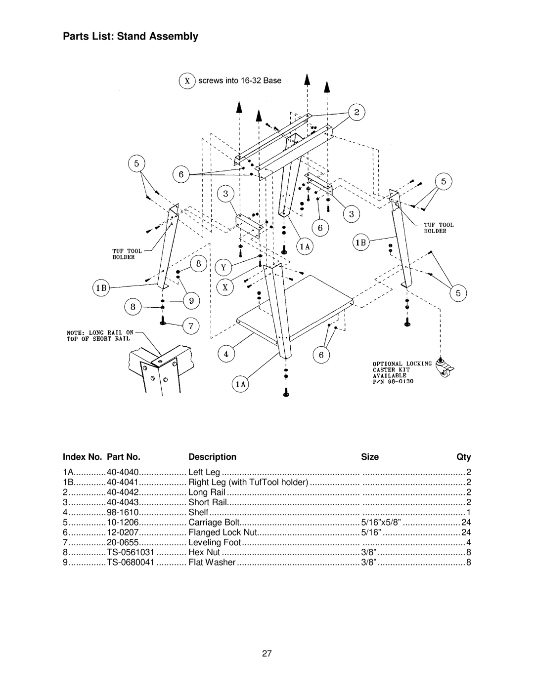 Jet Tools 16-32 Plus operating instructions Parts List Stand Assembly, Index No. Part No Description Size Qty 