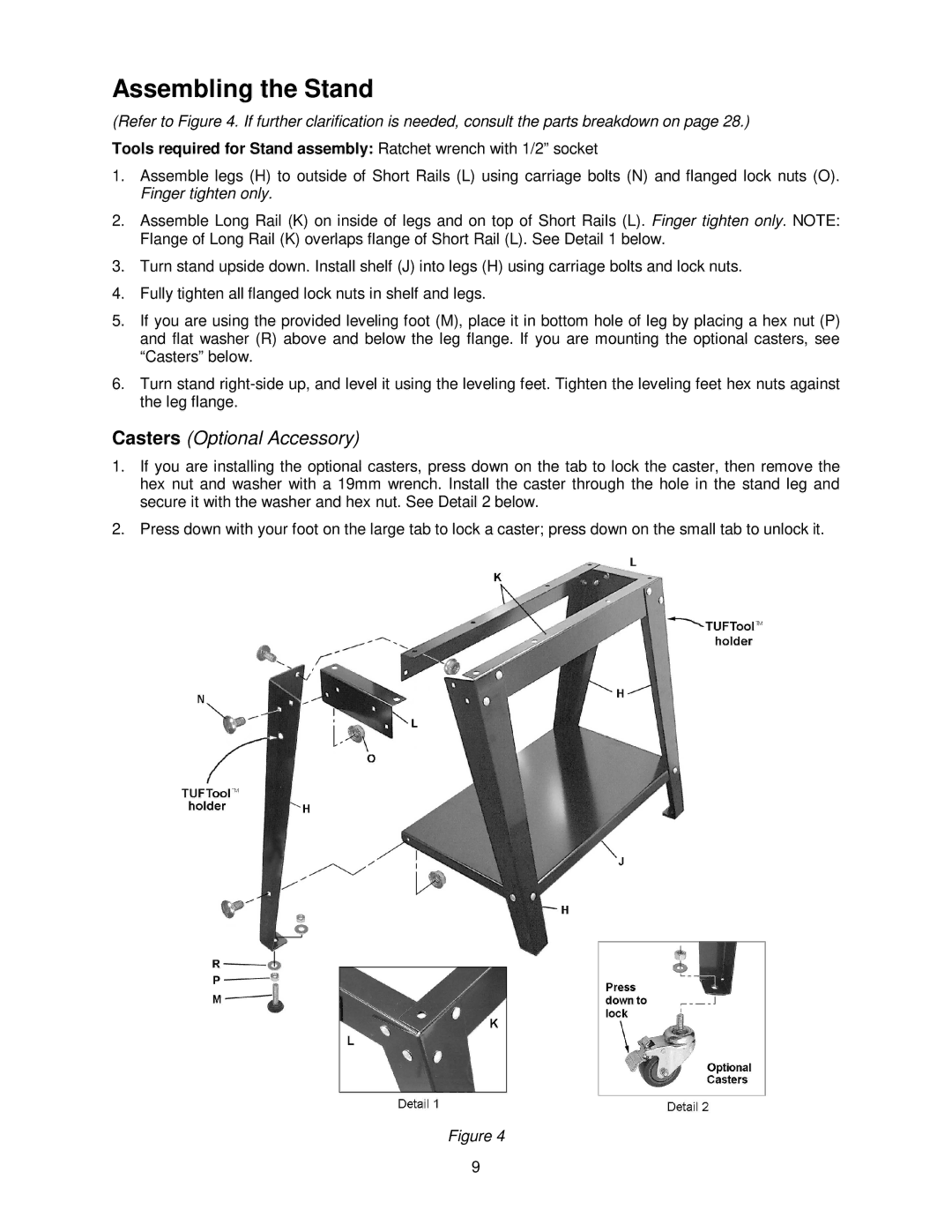 Jet Tools 16-32 Plus operating instructions Assembling the Stand, Casters Optional Accessory 