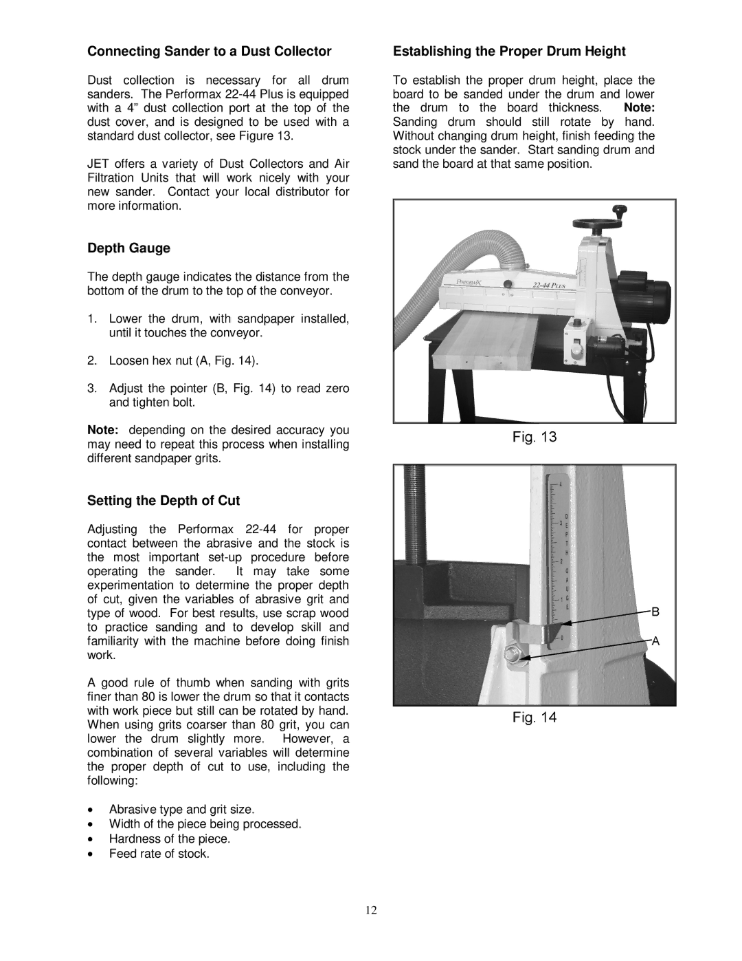 Jet Tools 22-44 Plus owner manual Connecting Sander to a Dust Collector, Depth Gauge, Setting the Depth of Cut 