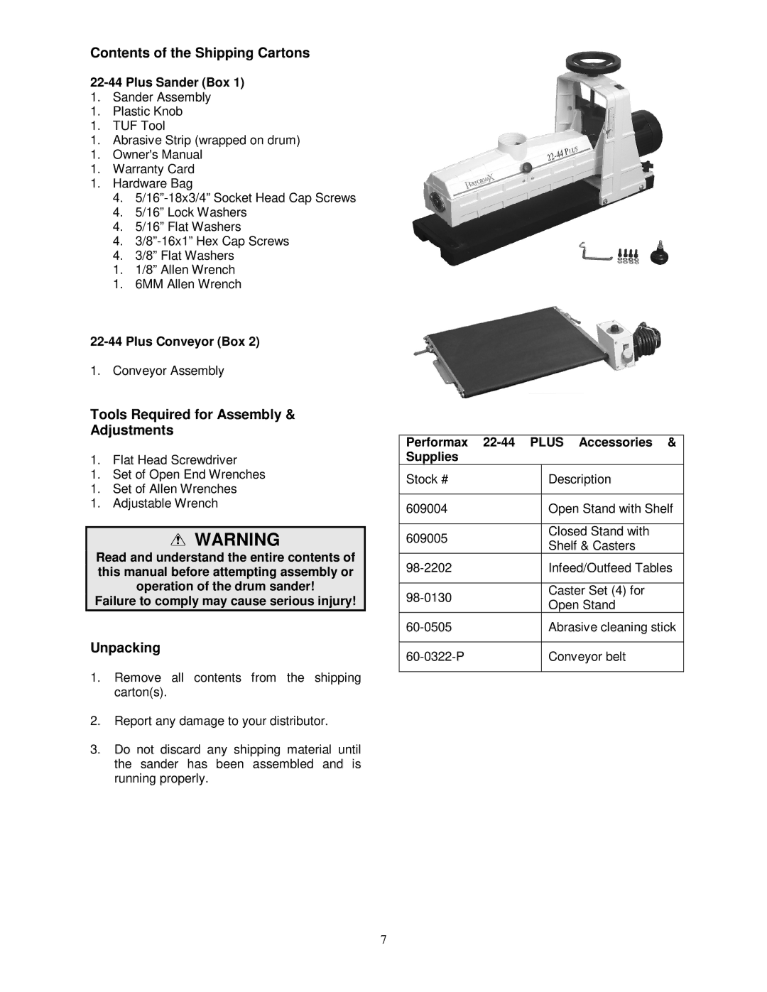 Jet Tools 22-44 Plus owner manual Contents of the Shipping Cartons, Tools Required for Assembly & Adjustments 