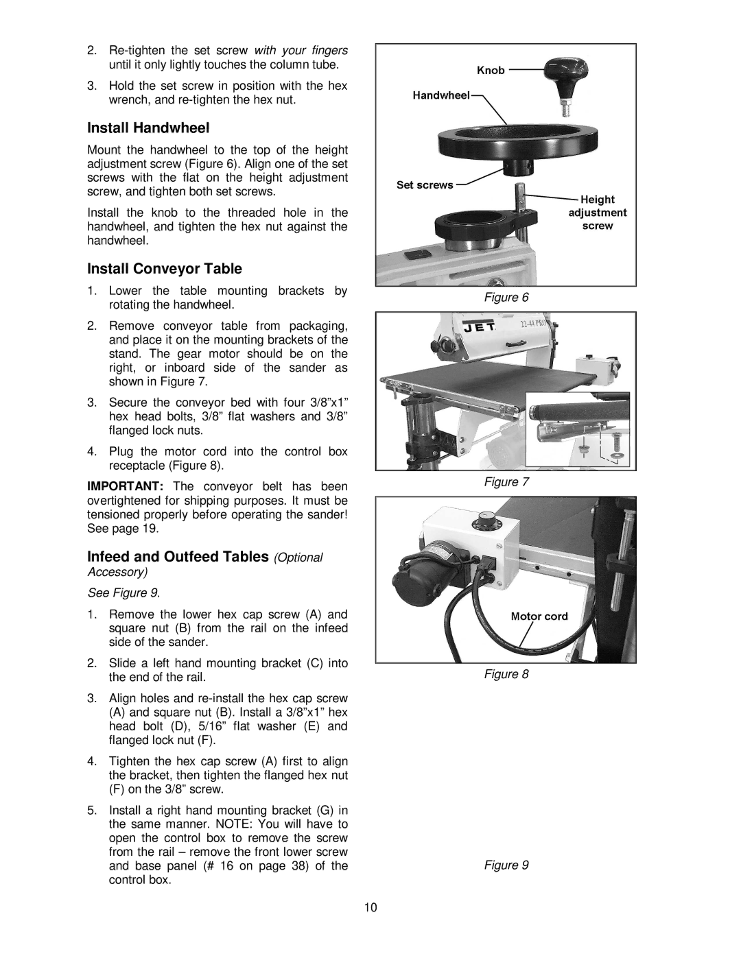 Jet Tools 22-44 Pro operating instructions Install Handwheel, Install Conveyor Table, Infeed and Outfeed Tables Optional 