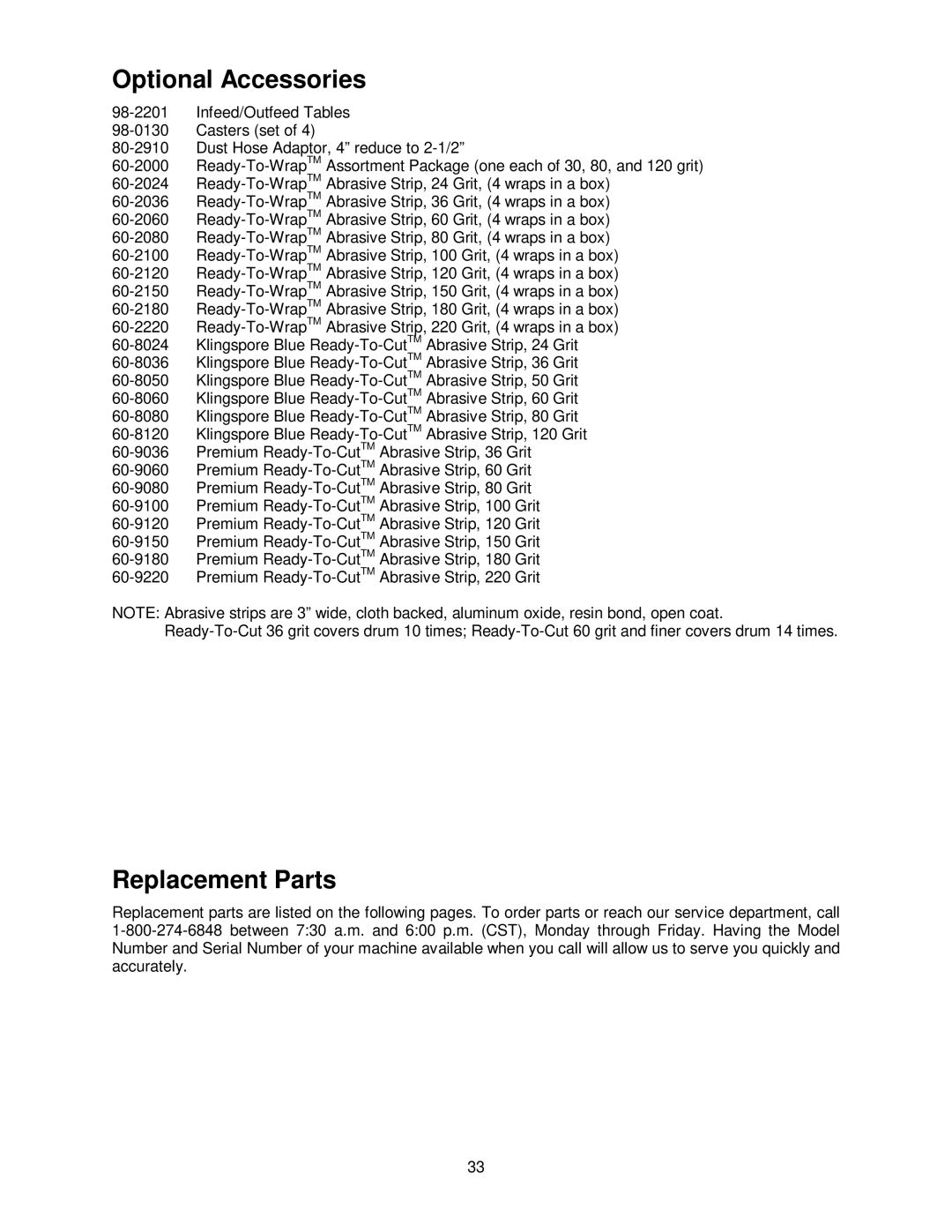 Jet Tools 22-44 Pro operating instructions Optional Accessories, Replacement Parts 