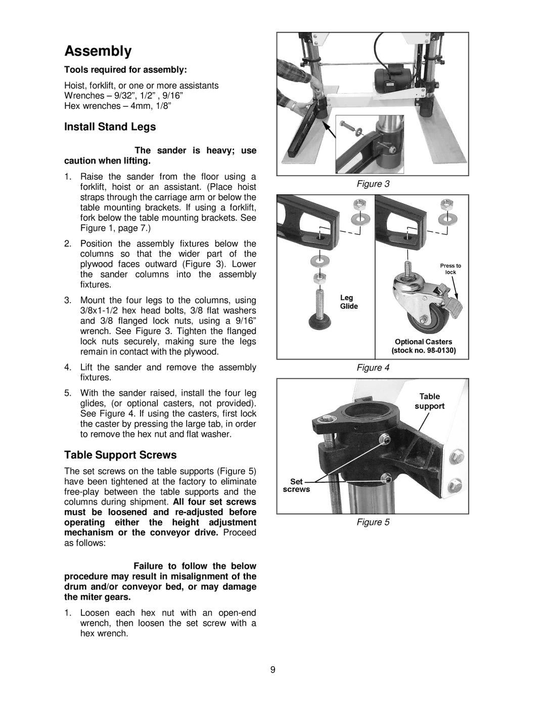 Jet Tools 22-44 Pro operating instructions Assembly, Install Stand Legs, Table Support Screws 