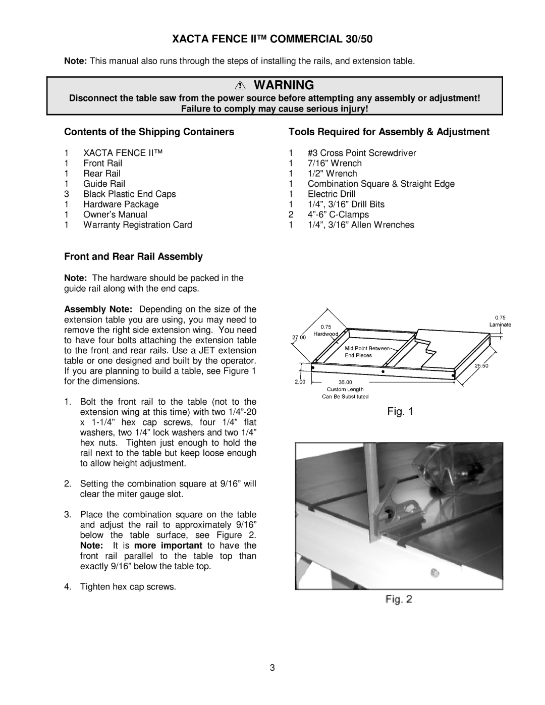 Jet Tools 50, 30 owner manual Front and Rear Rail Assembly, Xacta Fence 