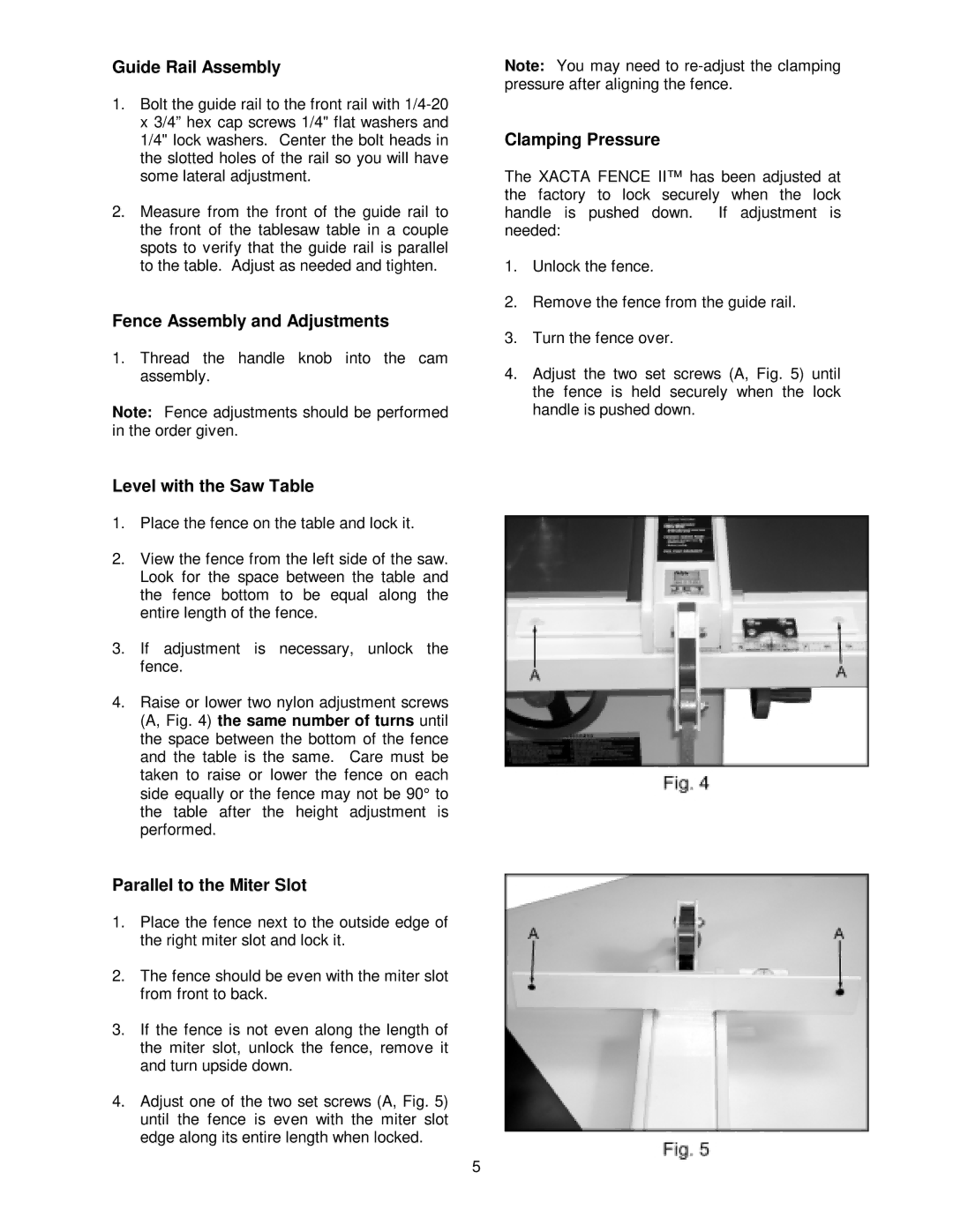 Jet Tools 50, 30 Guide Rail Assembly, Fence Assembly and Adjustments, Level with the Saw Table, Parallel to the Miter Slot 