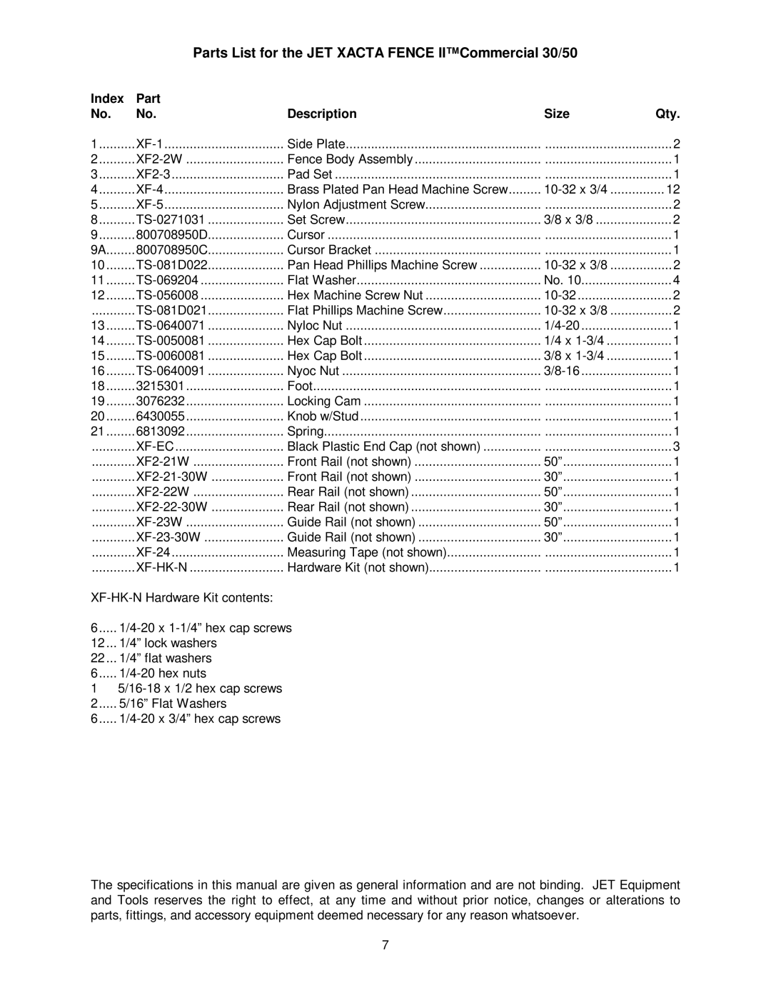 Jet Tools Parts List for the JET Xacta Fence IICommercial 30/50, Index Part Description Size Qty, Xf-Ec, Xf-Hk-N 