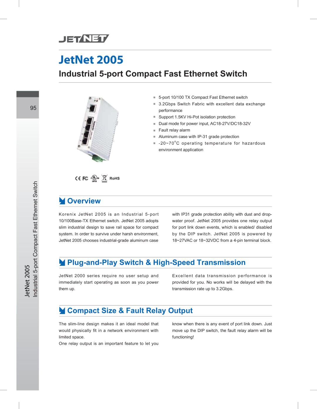 Jet Tools 5-port 10/100 manual Overview, Plug-and-Play Switch & High-Speed Transmission, Compact Size & Fault Relay Output 