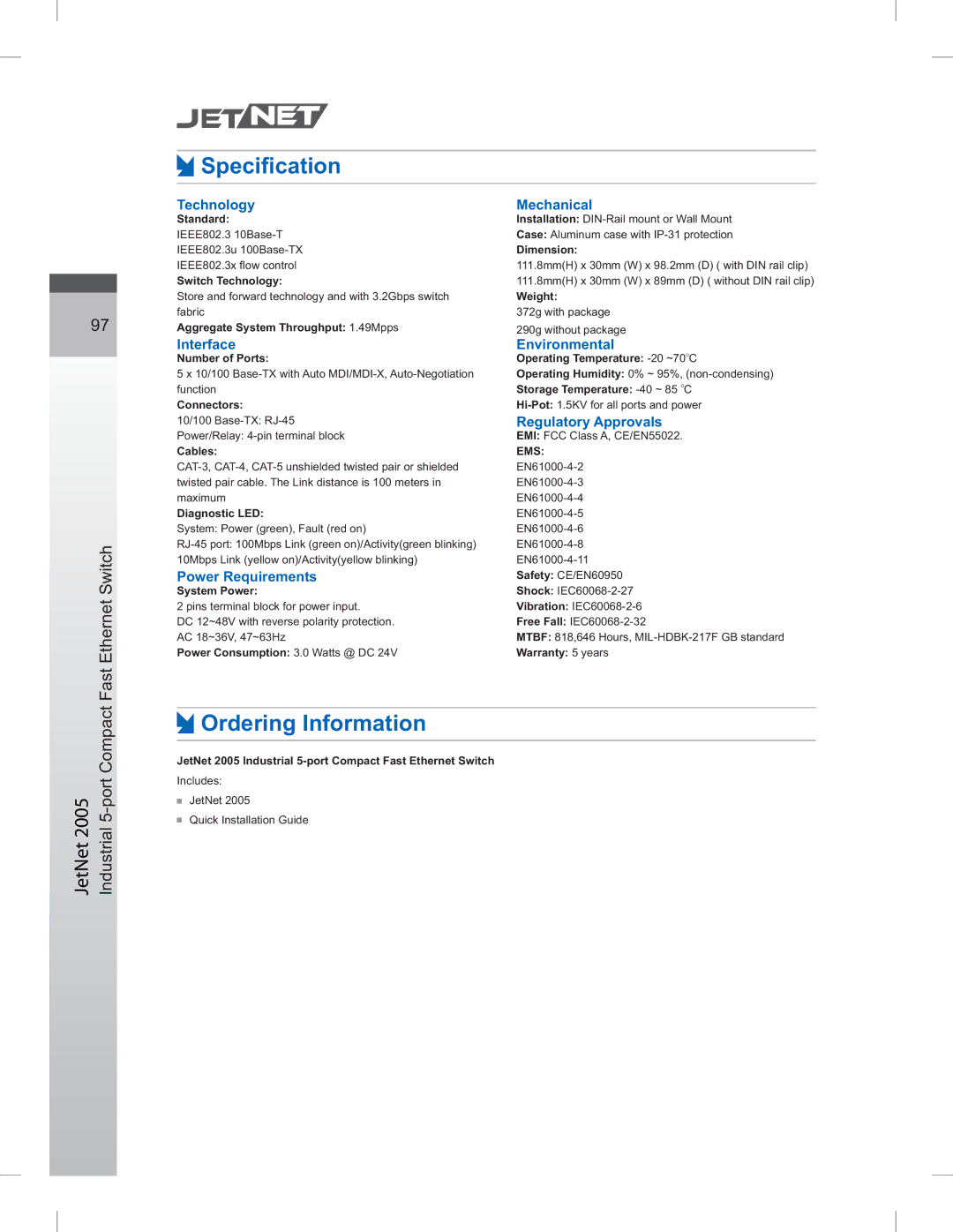 Jet Tools 5-port 10/100 manual Ordering Information 