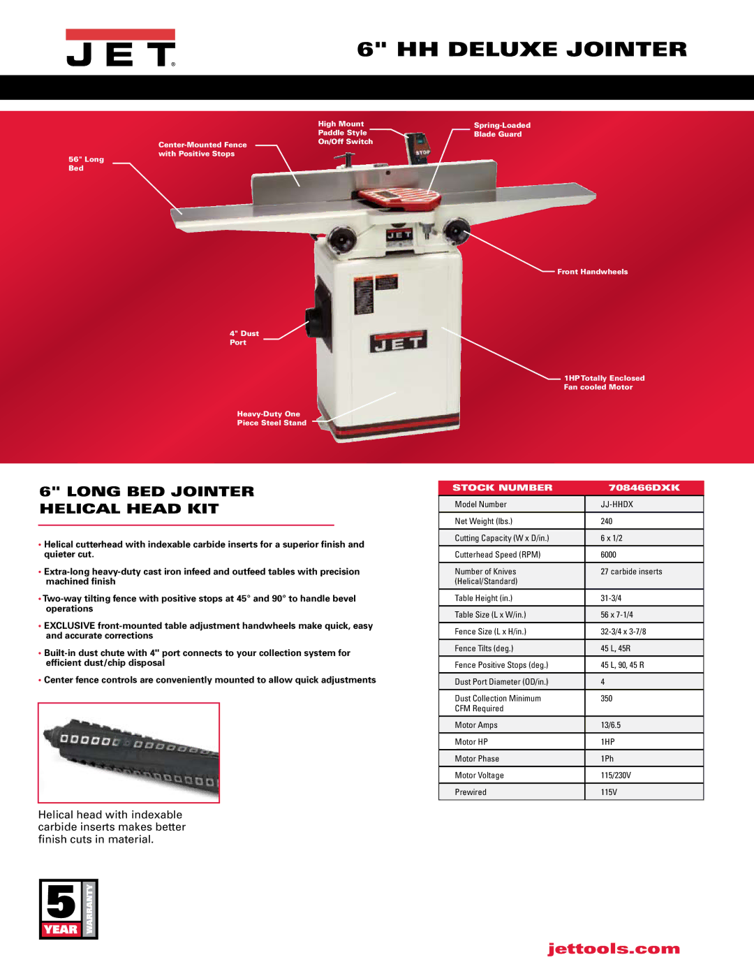 Jet Tools 6 HH manual HH Deluxe Jointer, Long BED Jointer Helical Head KIT, Stock Number, 708466DXK 