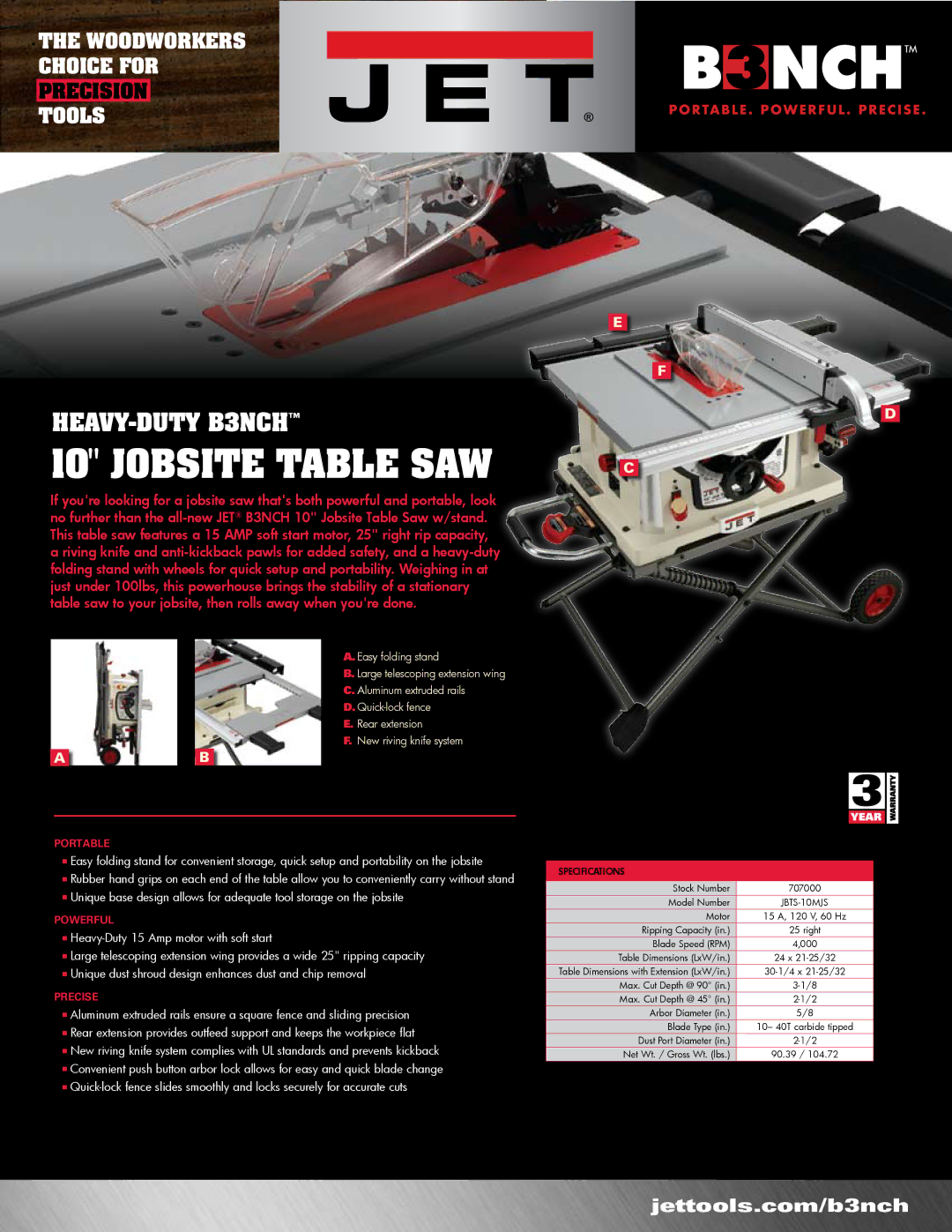 Jet Tools 707000 specifications Jobsite Table SAW, Cf.FNew riving knife system, Planing and joining tables lock 