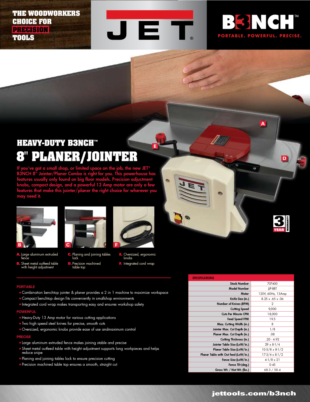 Jet Tools 707400 specifications Planer/Jointer 