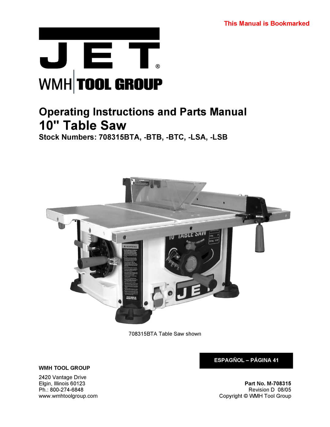 Jet Tools 708315BTA operating instructions Table Saw, Part No. M-708315 