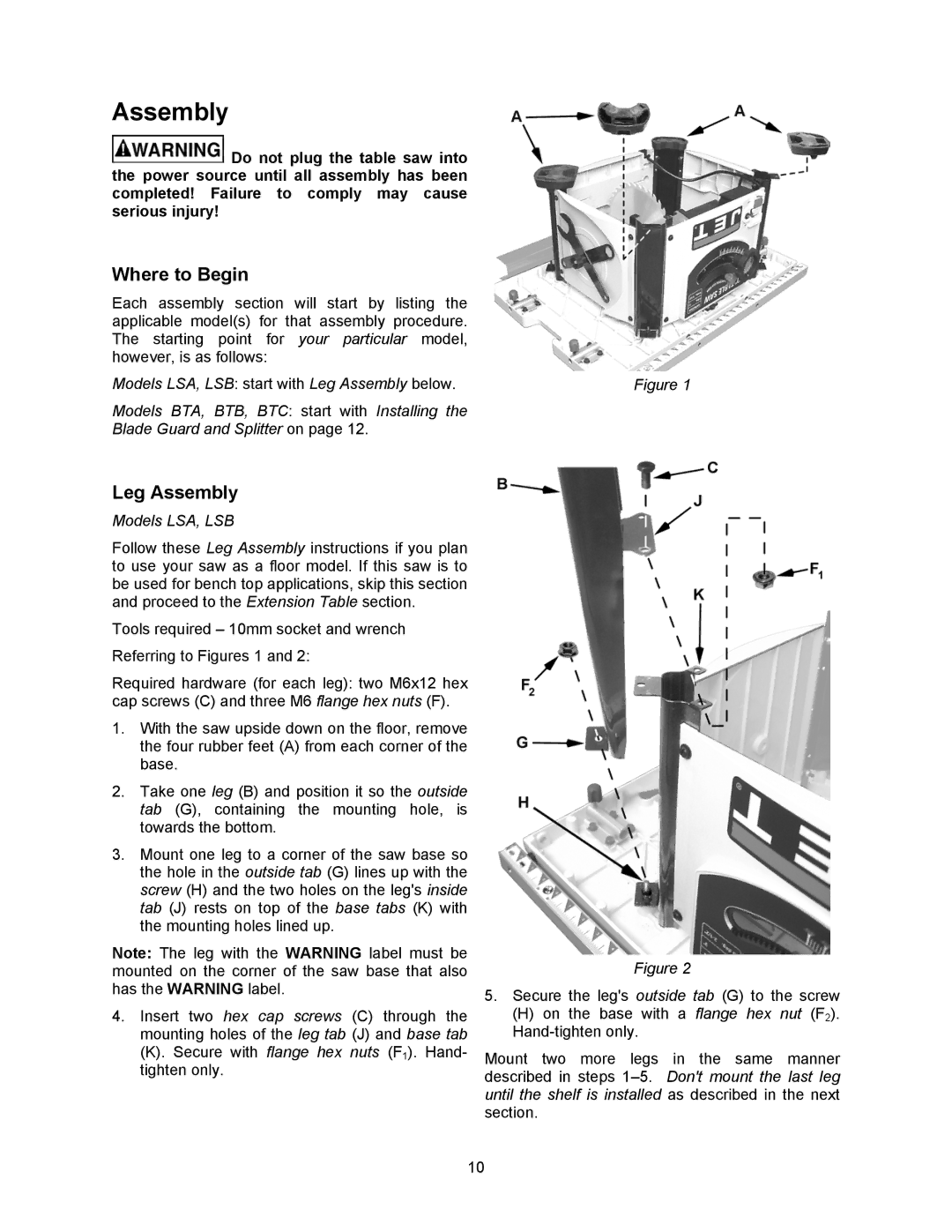 Jet Tools 708315BTA operating instructions Where to Begin, Leg Assembly, Models LSA, LSB 