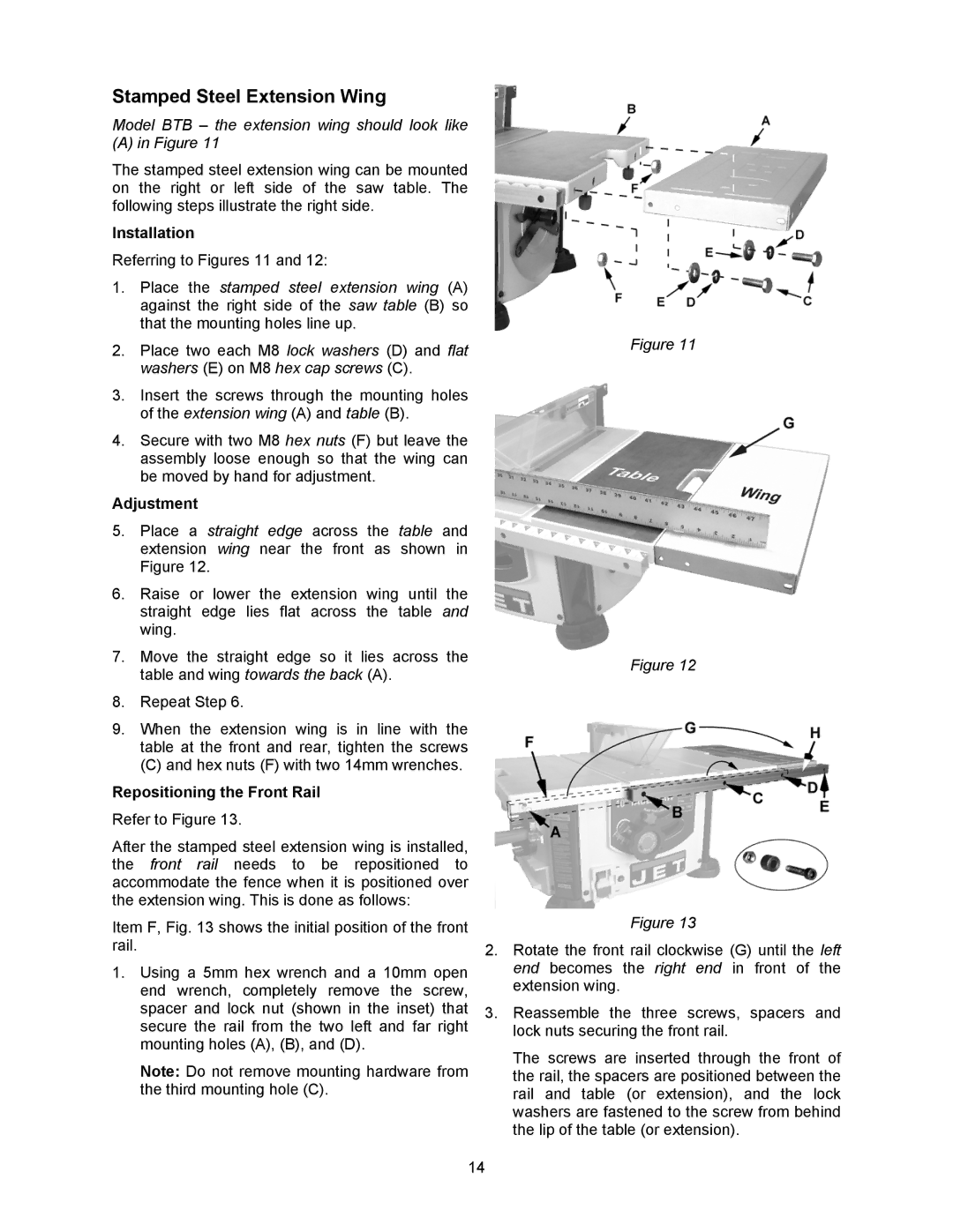 Jet Tools 708315BTA Stamped Steel Extension Wing, Model BTB the extension wing should look like, Installation, Adjustment 