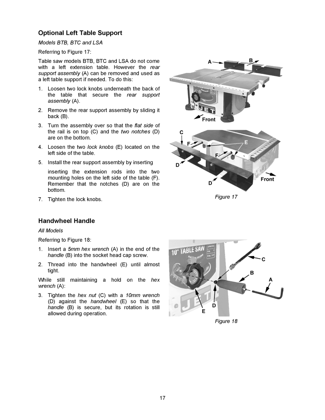 Jet Tools 708315BTA operating instructions Optional Left Table Support, Handwheel Handle, Models BTB, BTC and LSA 