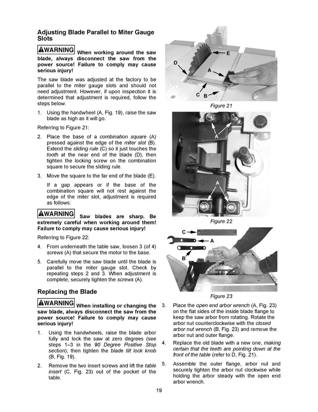 Jet Tools 708315BTA operating instructions Adjusting Blade Parallel to Miter Gauge Slots, Replacing the Blade 