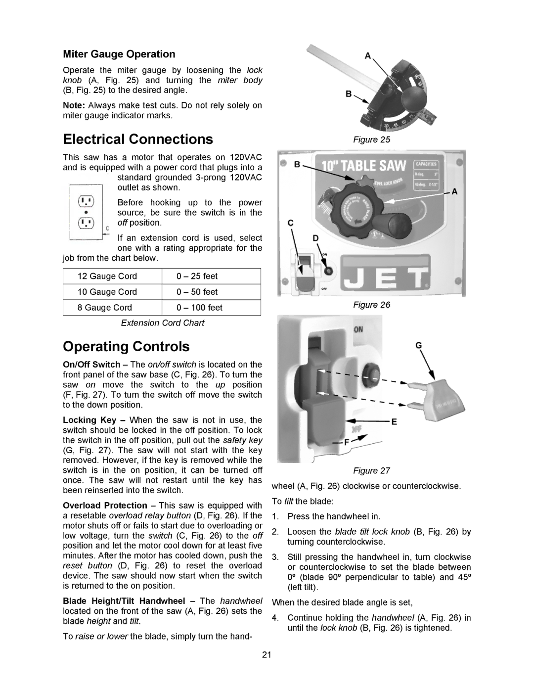 Jet Tools 708315BTA Electrical Connections, Operating Controls, Miter Gauge Operation, Extension Cord Chart 