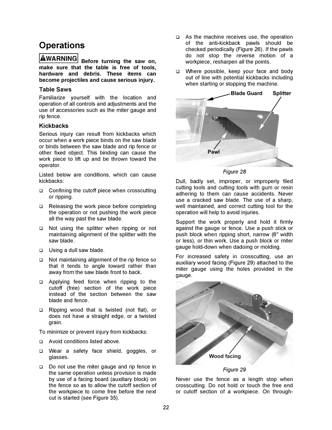 Jet Tools 708315BTA operating instructions Operations, Table Saws, Kickbacks 